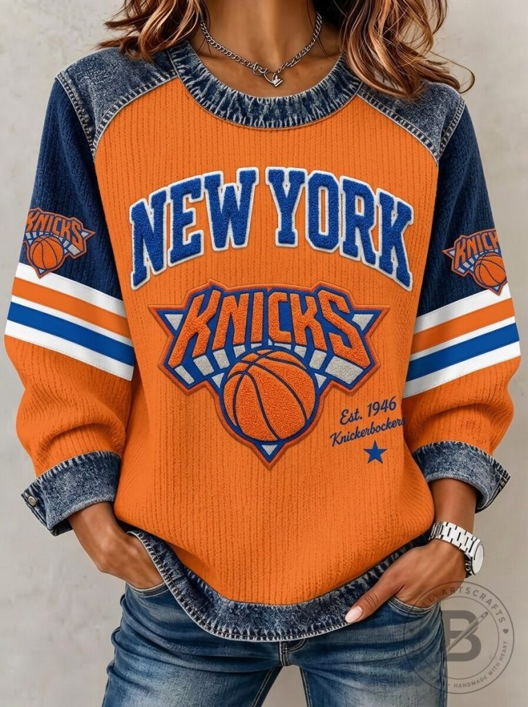 New York Knicks Basketball Team Orange and Blue Raglan Sleeve Sweatshirt