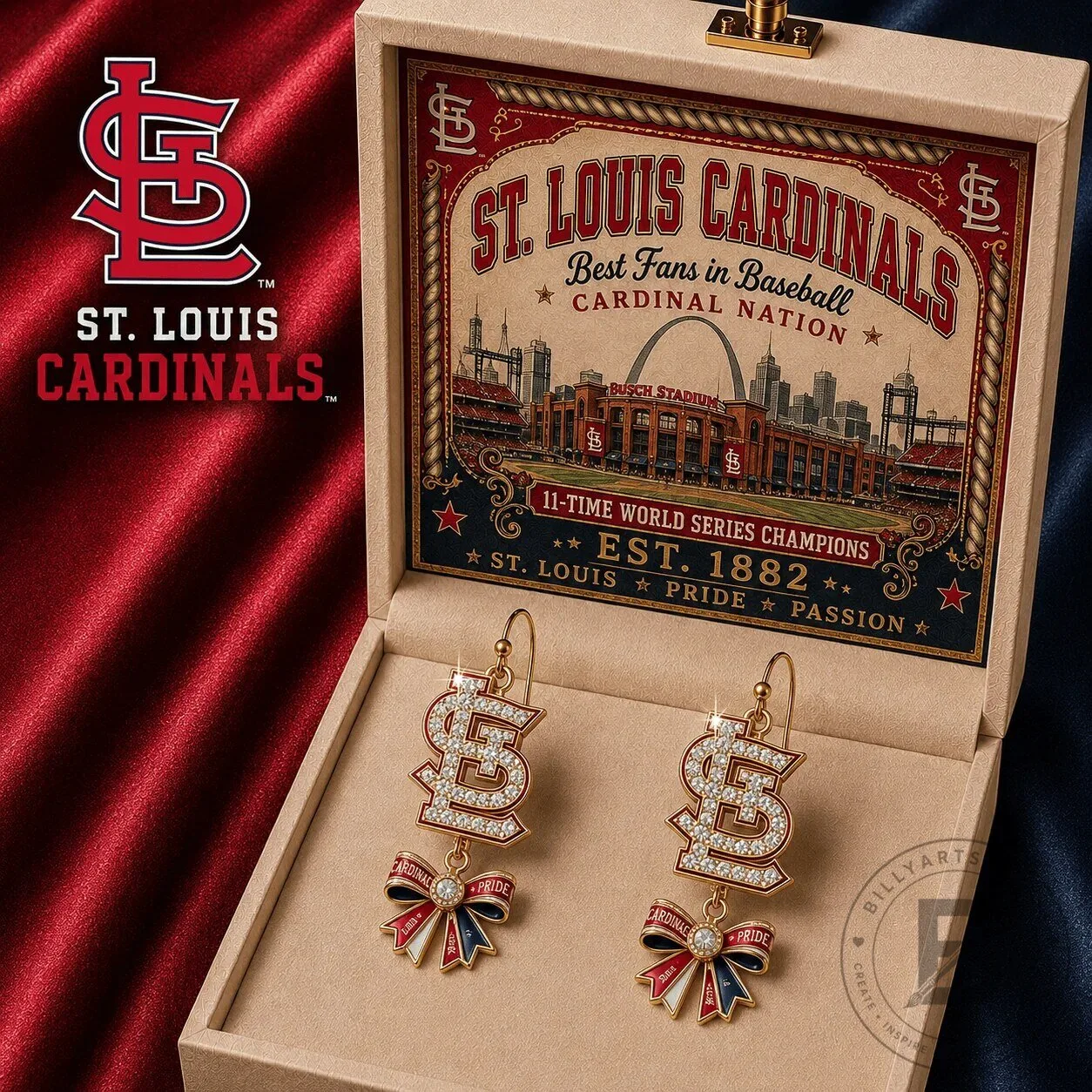 St. Louis Cardinals Baseball Team Logo Dangle Earrings with Bow Charm