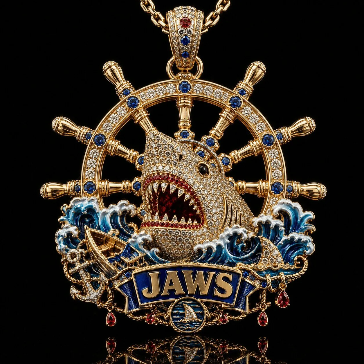 Jaws Shark Ship Wheel Gold Diamond Ruby Sapphire Pendant Necklace 2 Jaws Shark Ship Wheel Gold Diamond Ruby Sapphire Pendant Necklace