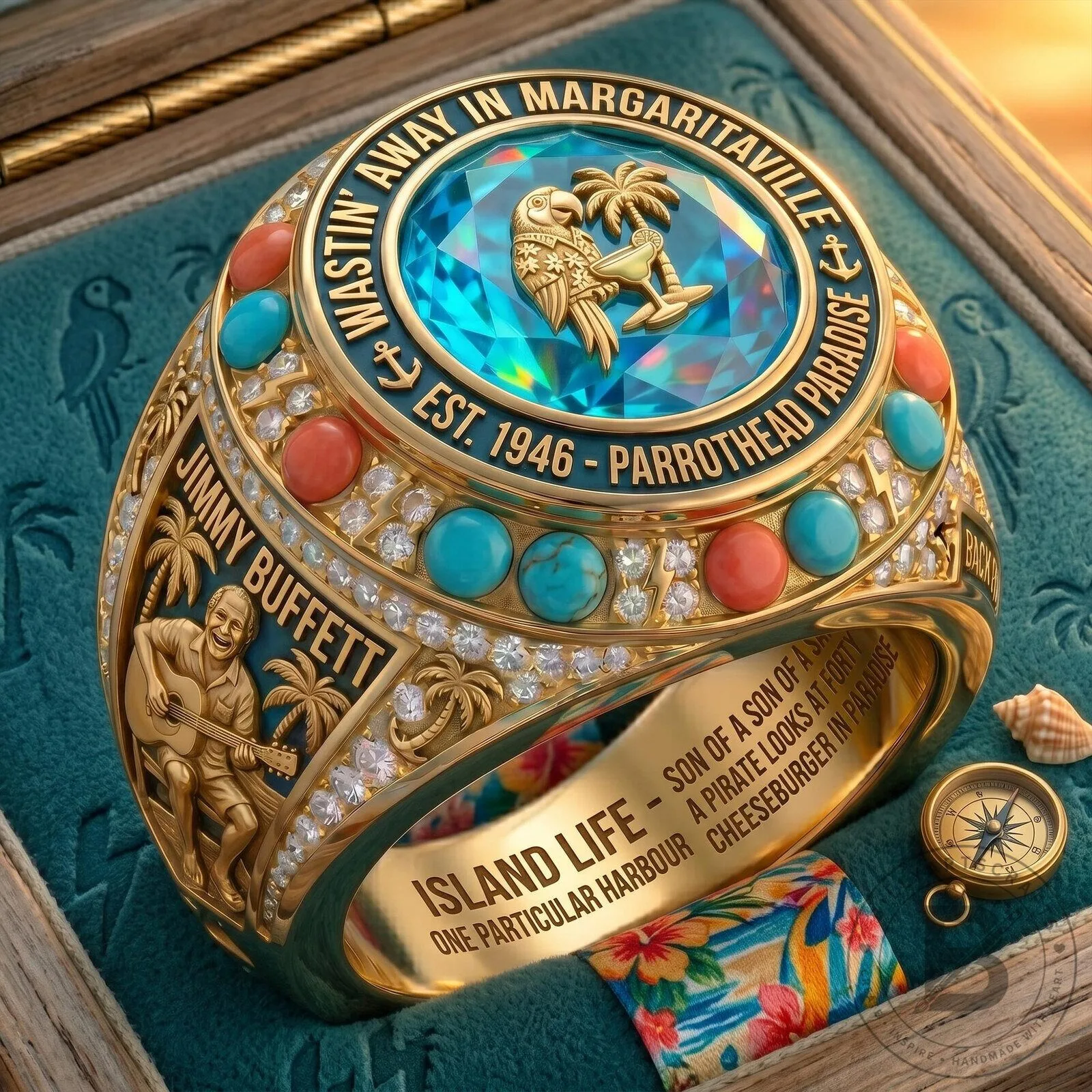 Jimmy Buffett Margaritaville Wasting Away Island Life Gold Ring