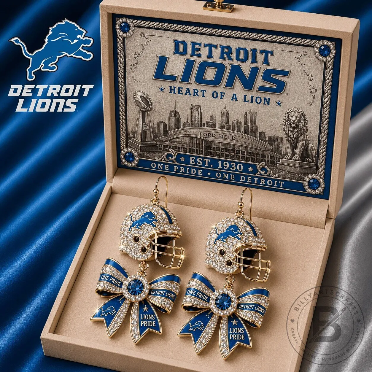 Women's Dangle Earrings with Detroit Lions Football Helmet and Bow Design