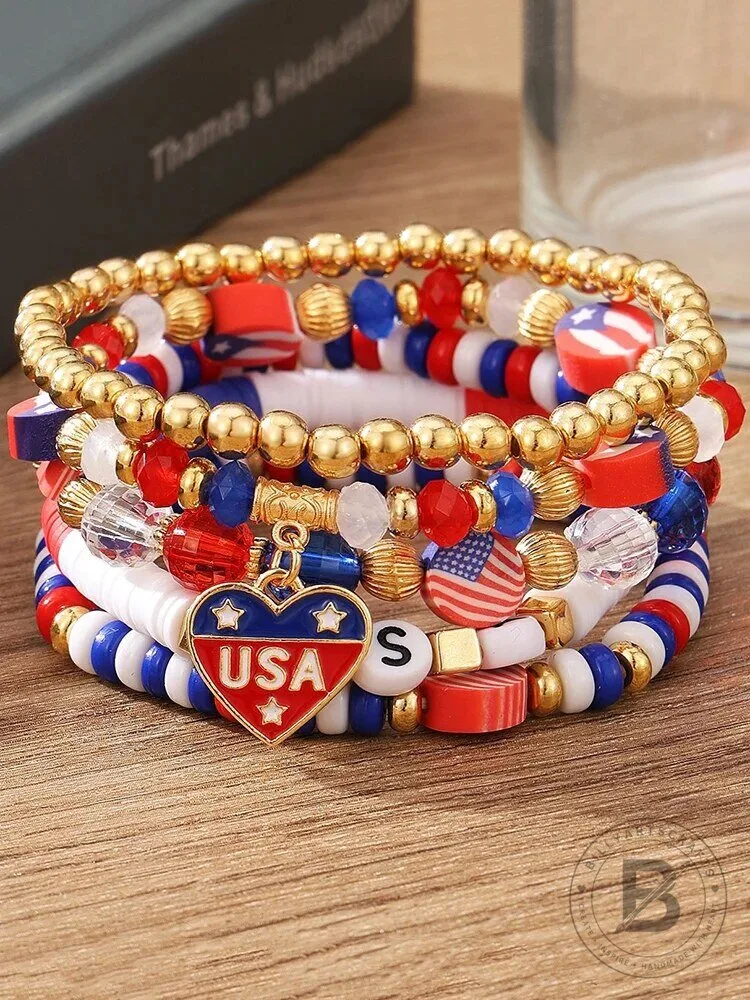 USA American Flag Independence Day Beaded Bracelet Stack for Women