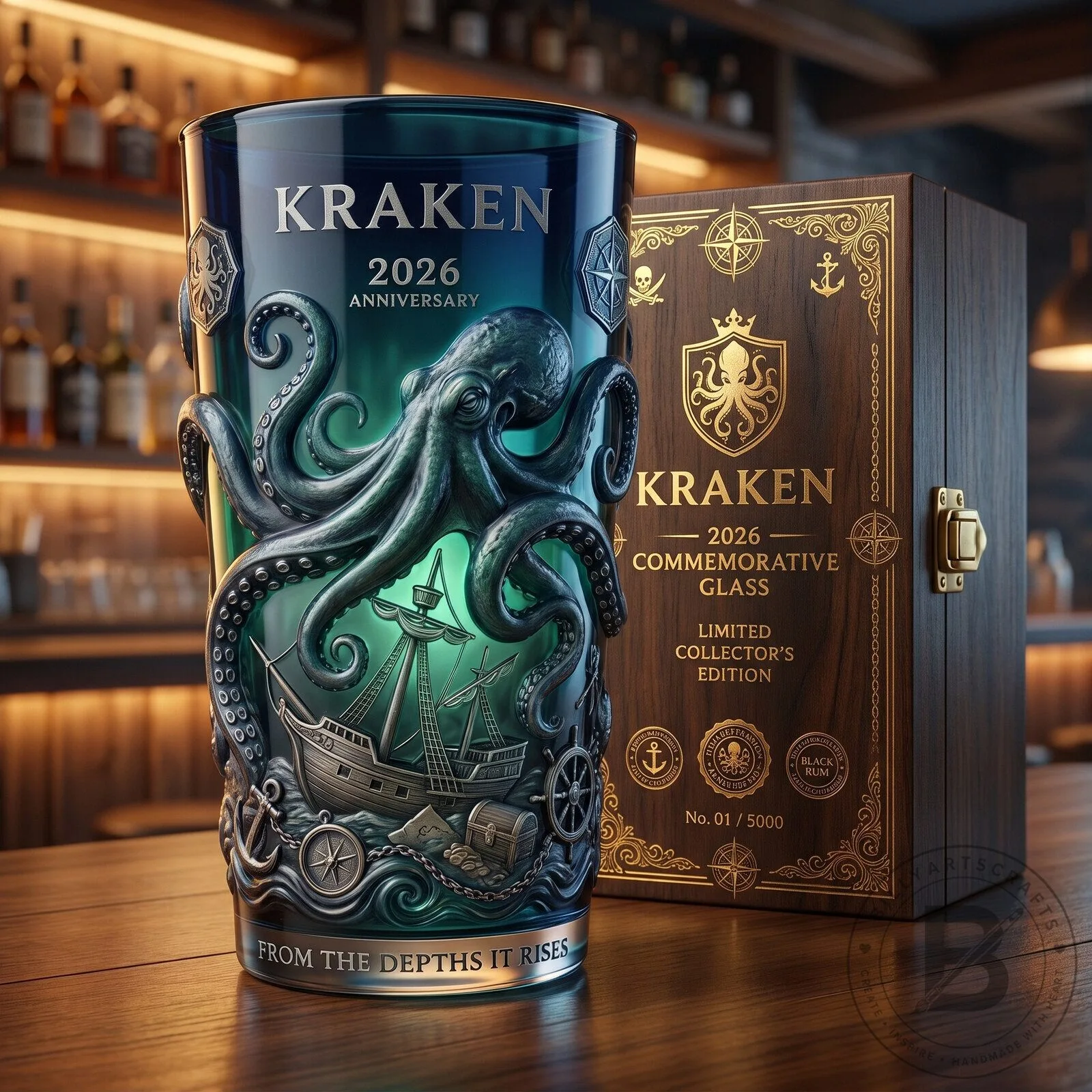 Kraken 2026 Anniversary Commemorative Drinking Glass with Ship and Octopus