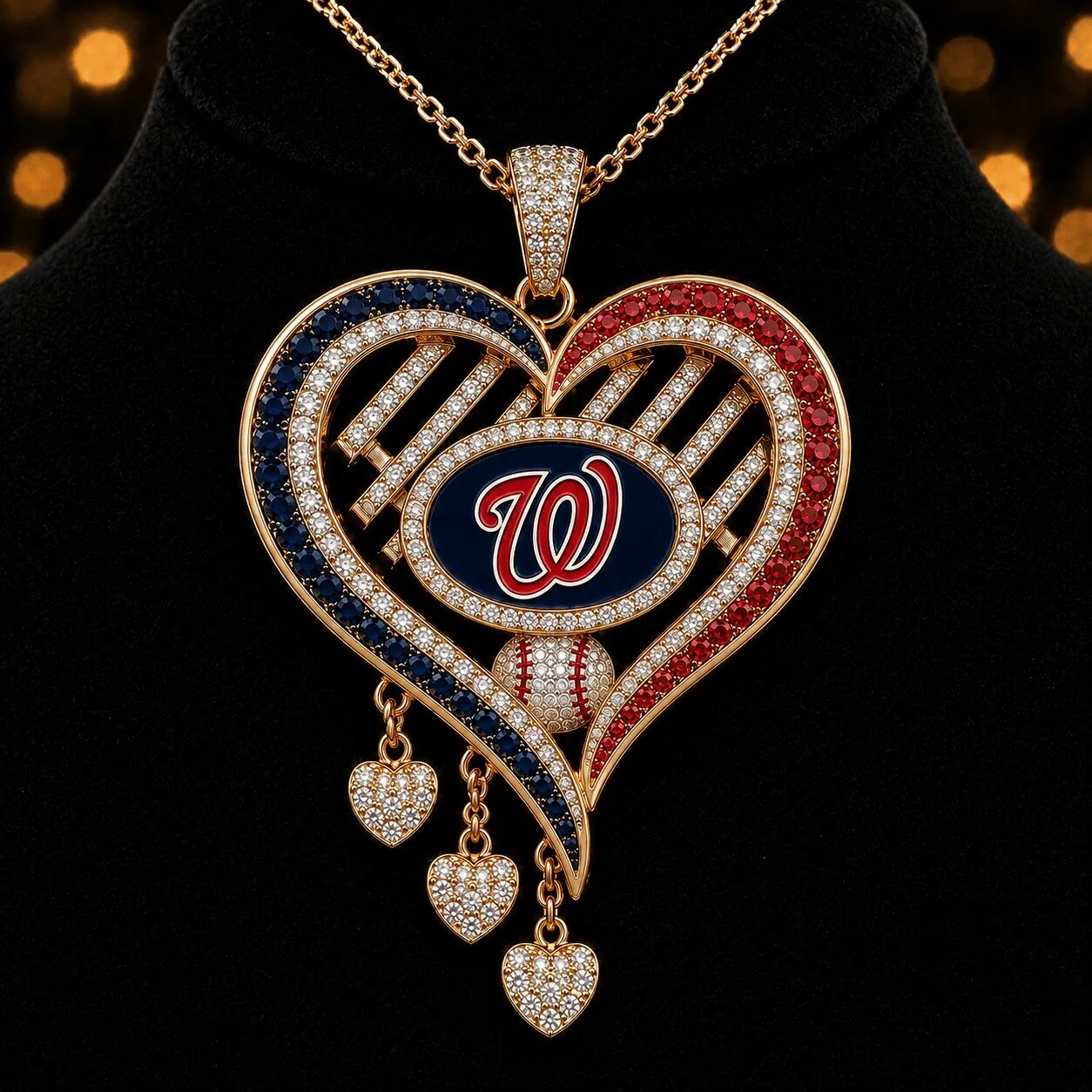 Washington Nationals Baseball Heart Pendant Necklace with Diamond Accents