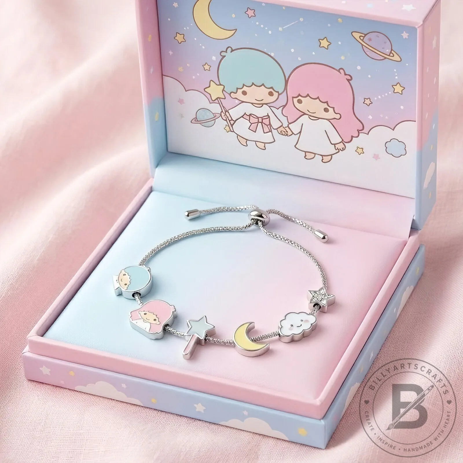 Little Twin Stars Adjustable Charm Bracelet with Moon and Star Charms