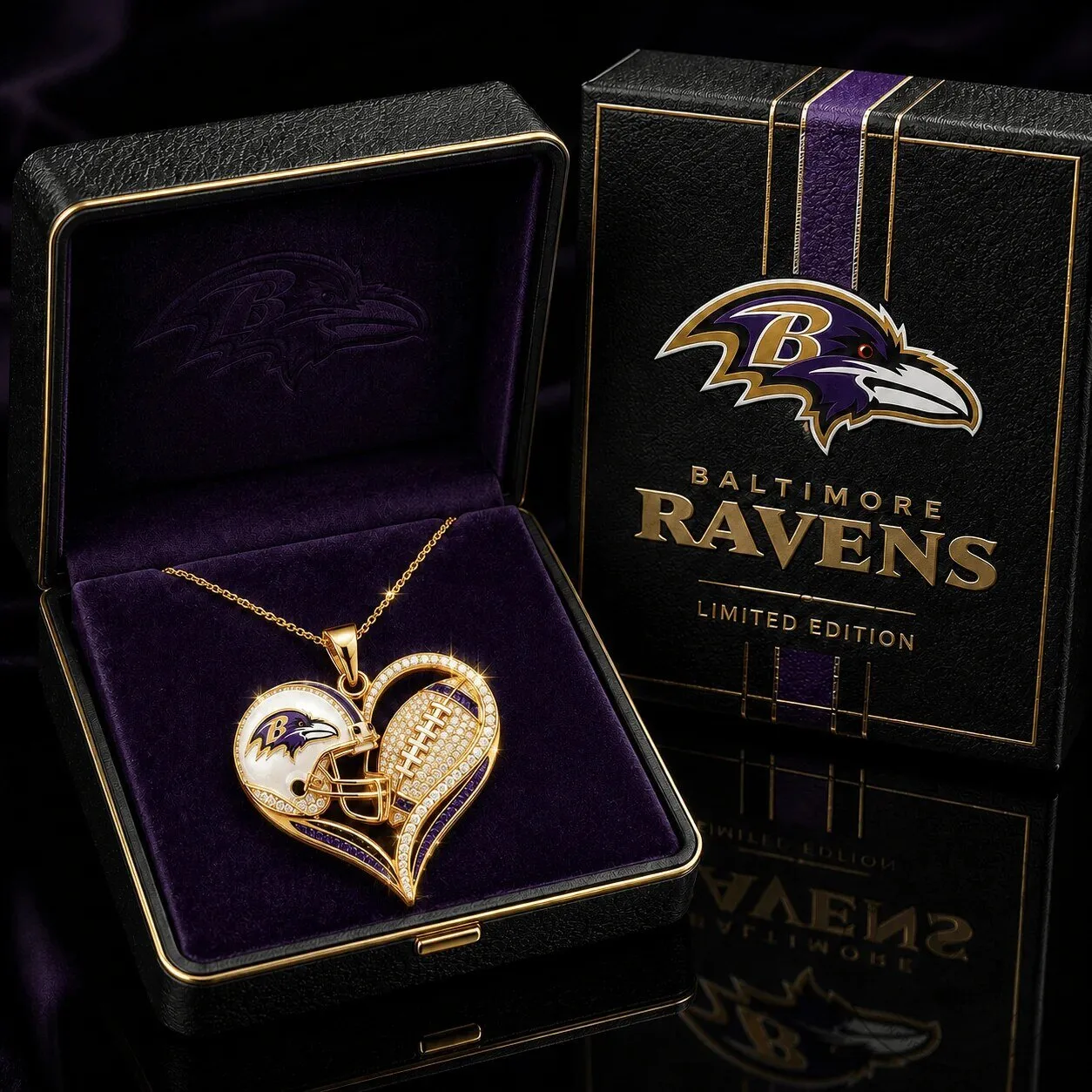 Heart Pendant Necklace Featuring Baltimore Ravens Football Helmet