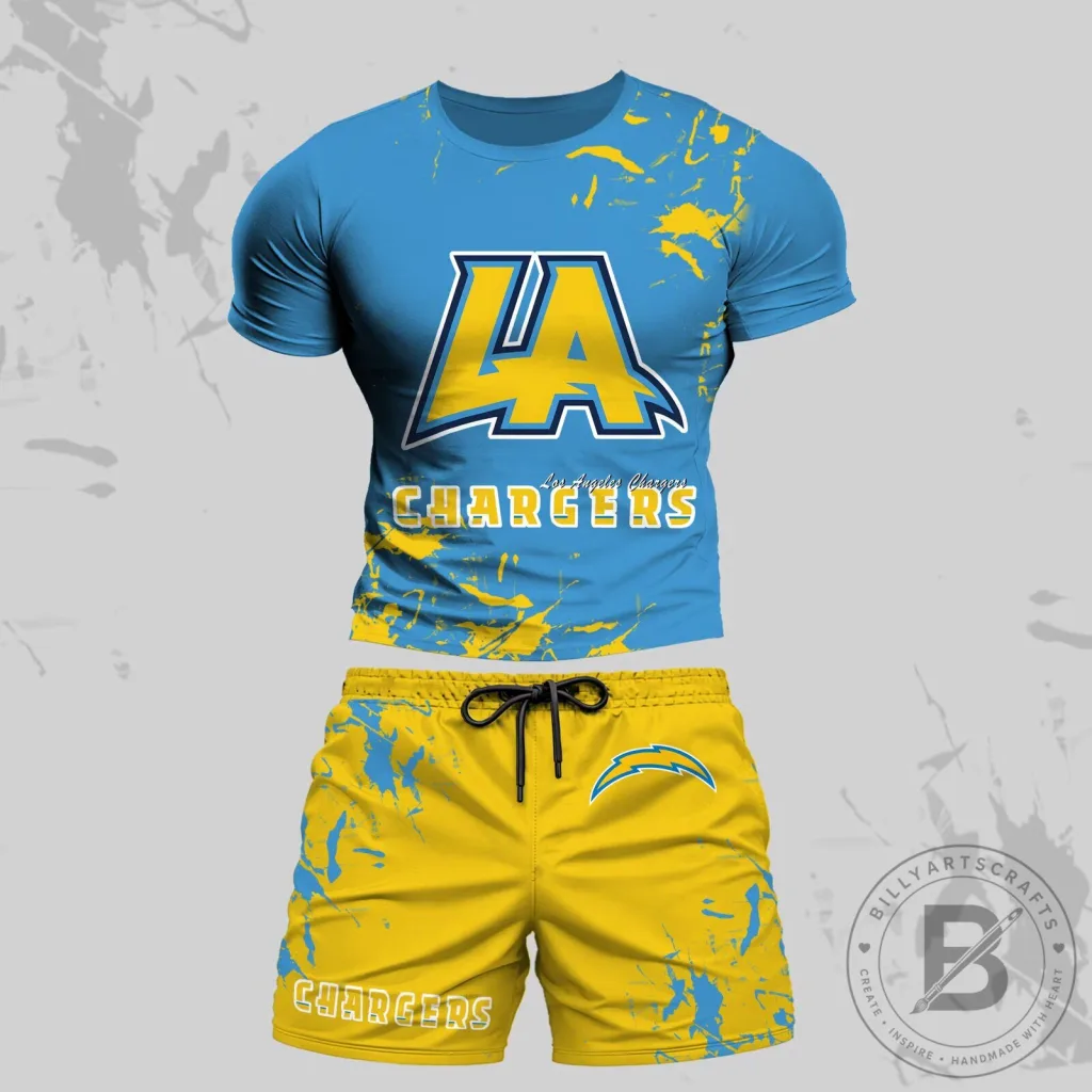 Los Angeles Chargers Inspired Distressed Blue and Yellow T-Shirt and Shorts Set Los Angeles Chargers Inspired Distressed Blue and Yellow T-Shirt and Shorts Set