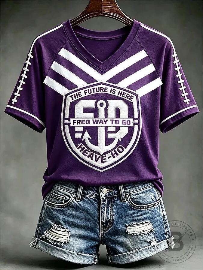 Purple Rugby Fan Shirt with White Stripes and Anchor Logo Graphic