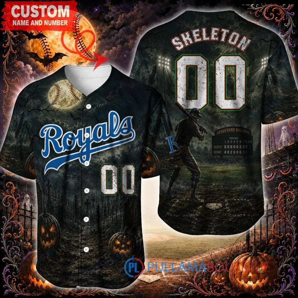 Kansas City Royals Baseball Halloween Skeleton Custom Name Number Jersey