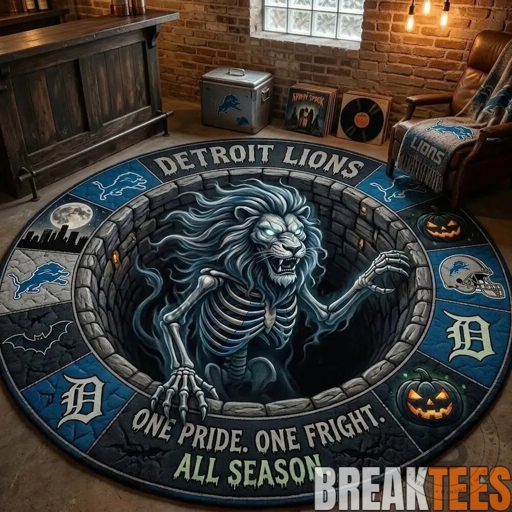 Detroit Lions Halloween Skeleton Lion Round Rug