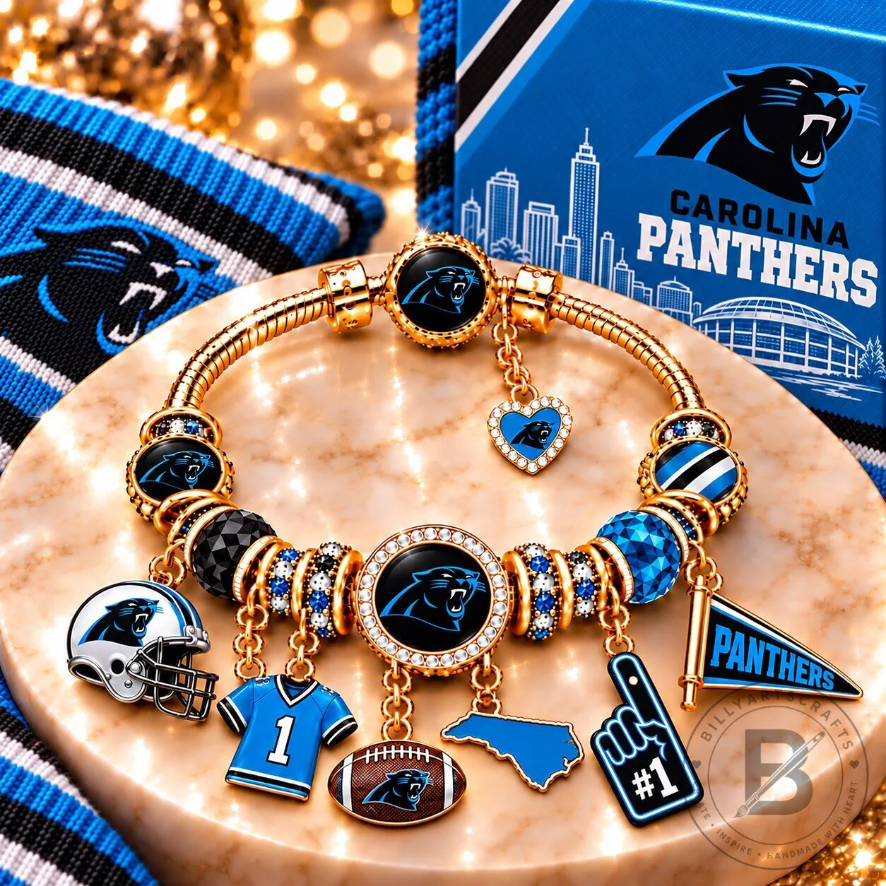 Carolina Panthers Gold Charm Bracelet Set with Football and Helmet Charms