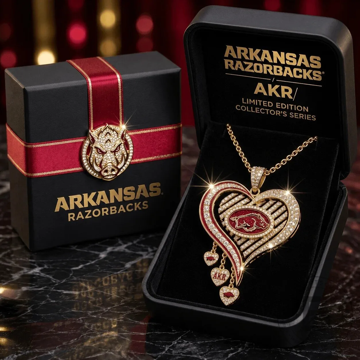 Arkansas Razorbacks Gold Heart Pendant Necklace with Diamonds