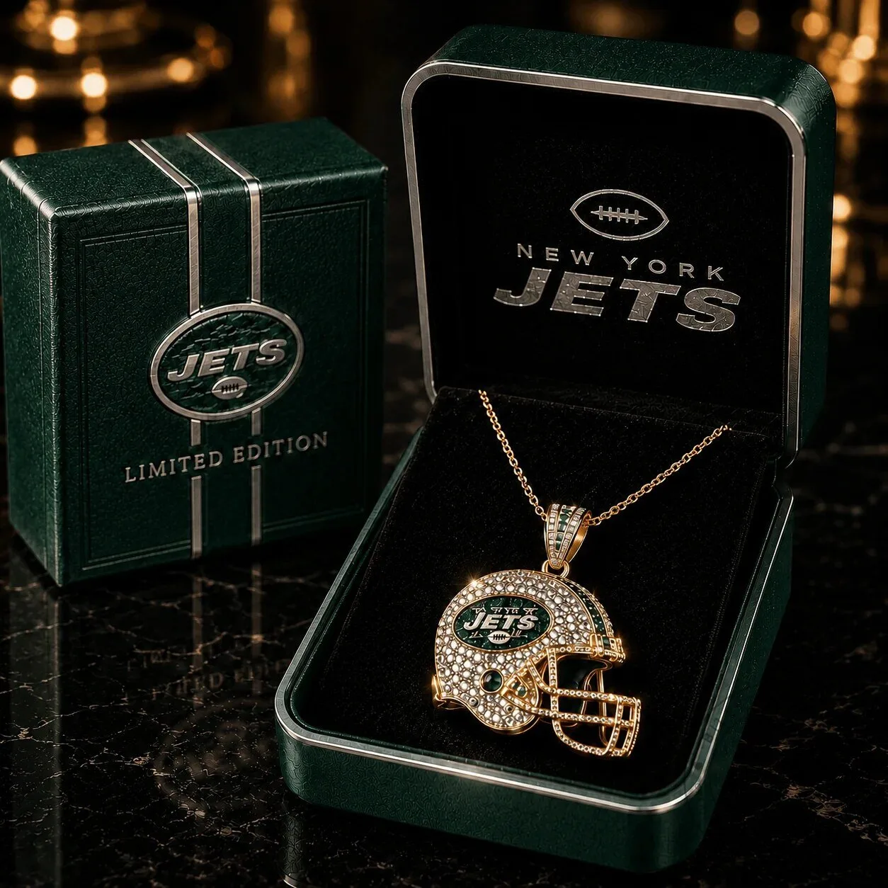 New York Jets Football Helmet Gold Chain Diamond Pendant Necklace