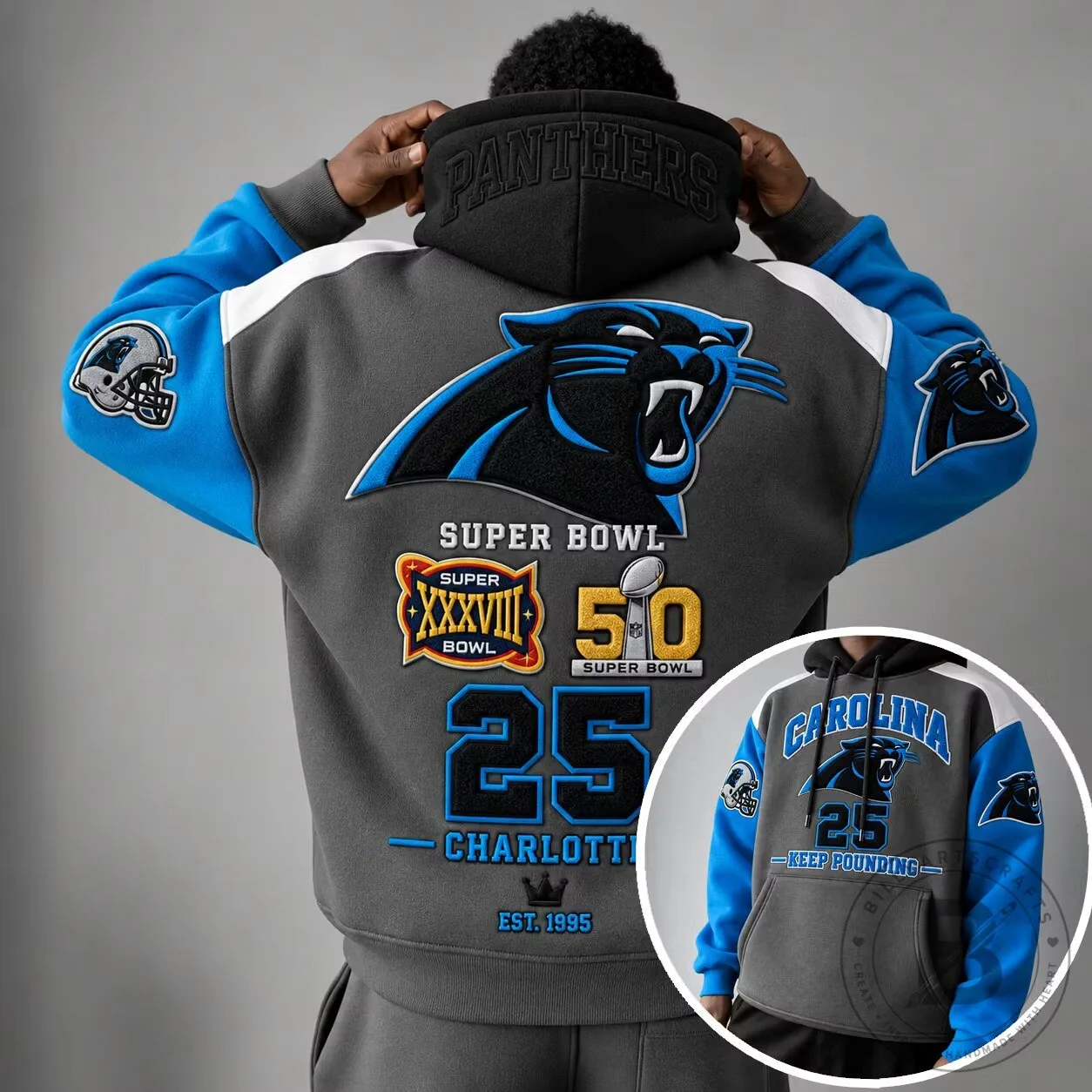 Carolina Panthers Super Bowl XXXVIII 50th Anniversary Gray and Blue Hoodie