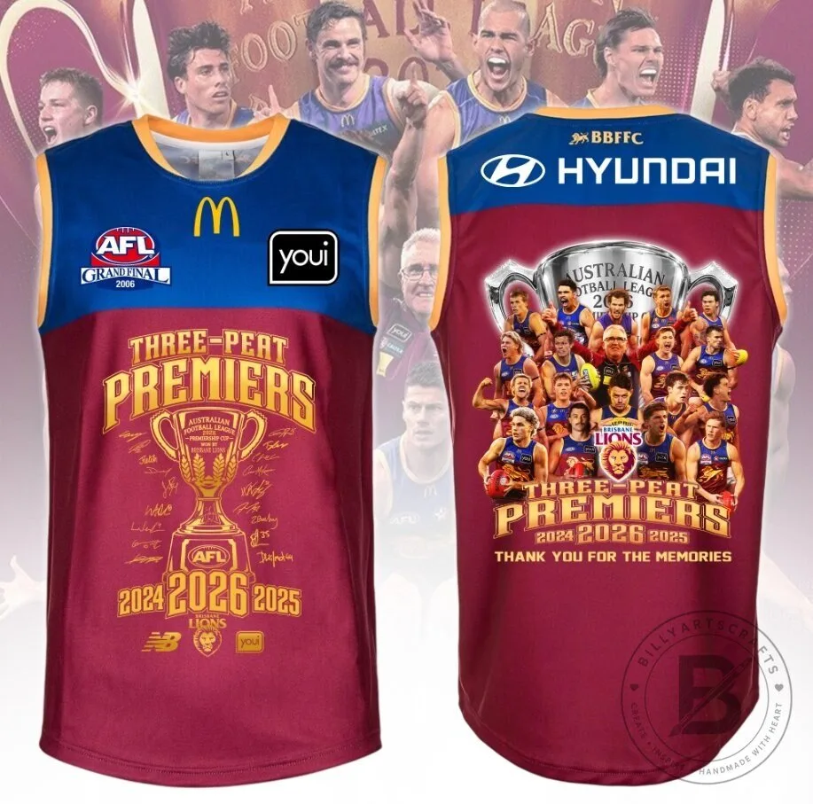 Brisbane Lions Australian Football League Three-Peat Premiers 2024 2025 2026 Jersey