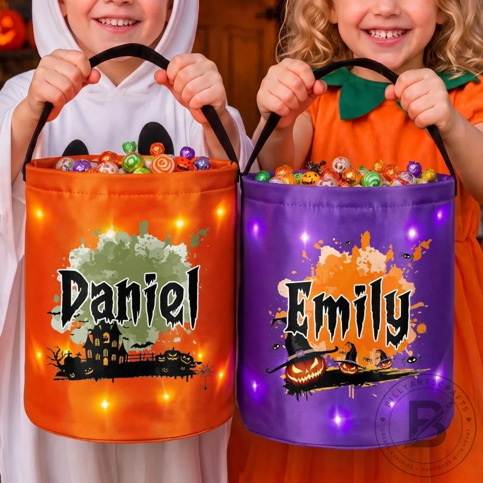 Personalized Halloween Trick or Treat Bucket Bag with Lights for Kids