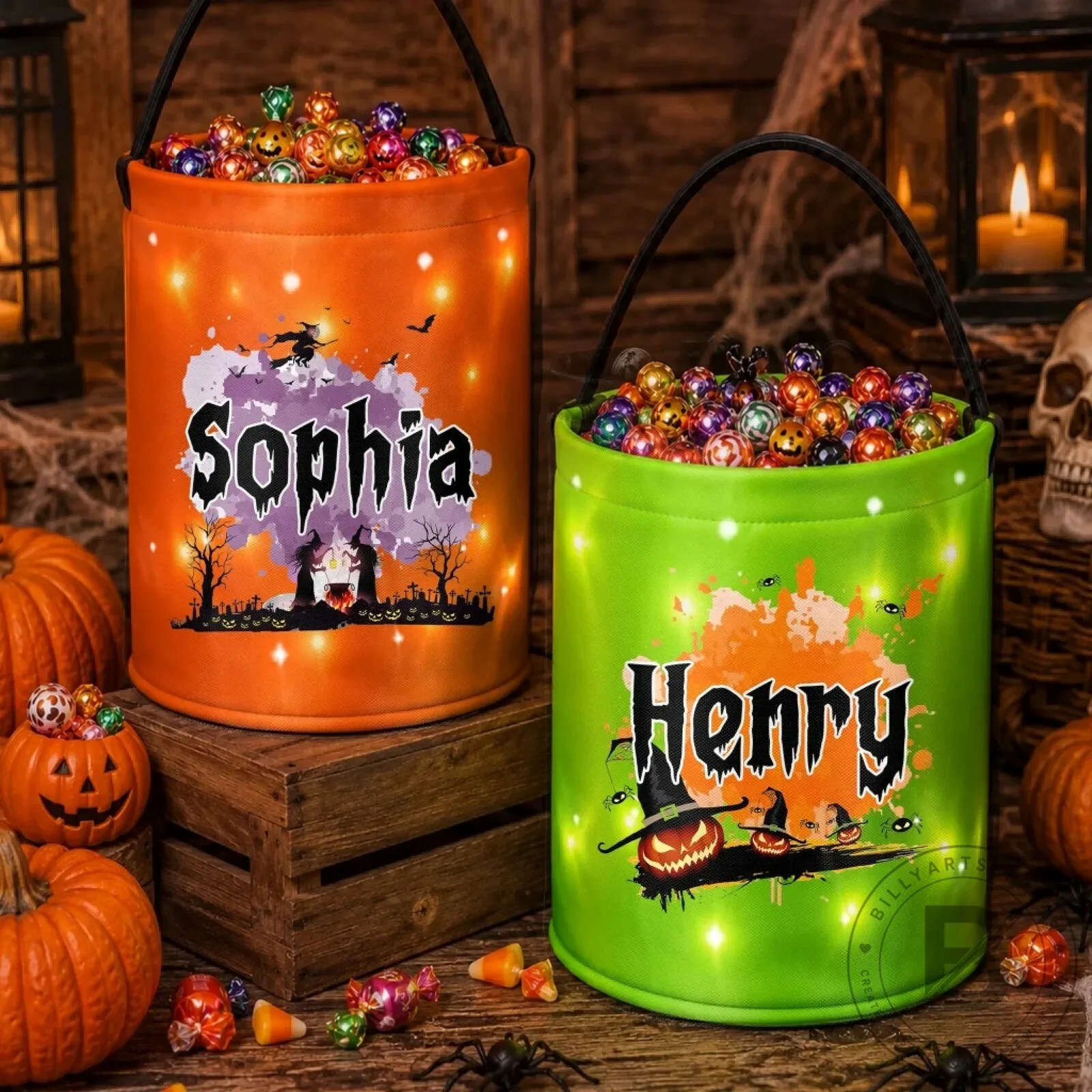 Personalized Halloween Trick or Treat Bucket Bag with Lights for Kids 12 Personalized Halloween Trick or Treat Bucket Bag with Lights for Kids