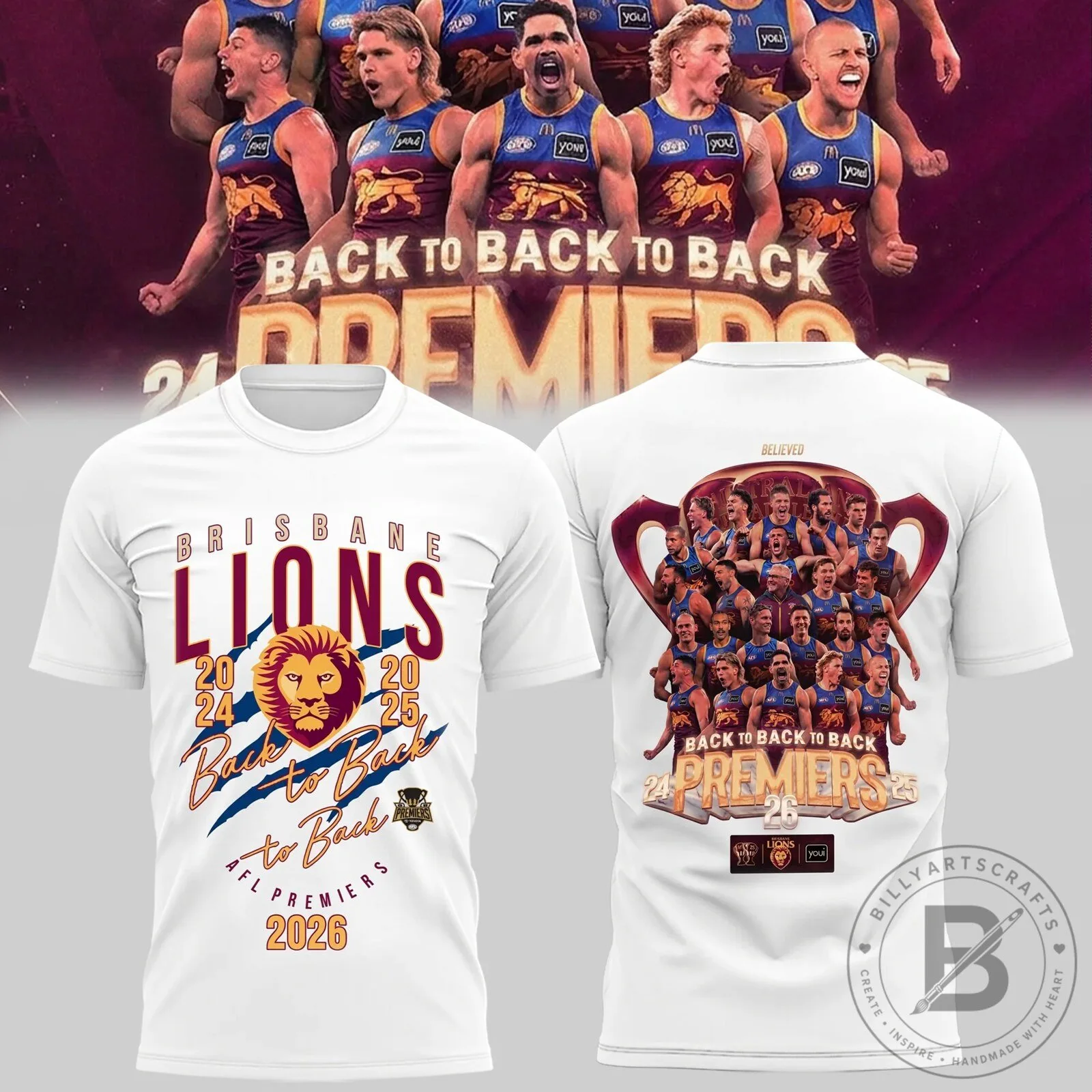 Brisbane Lions AFL Back To Back To Back Premiers 2026 Commemorative T-Shirt