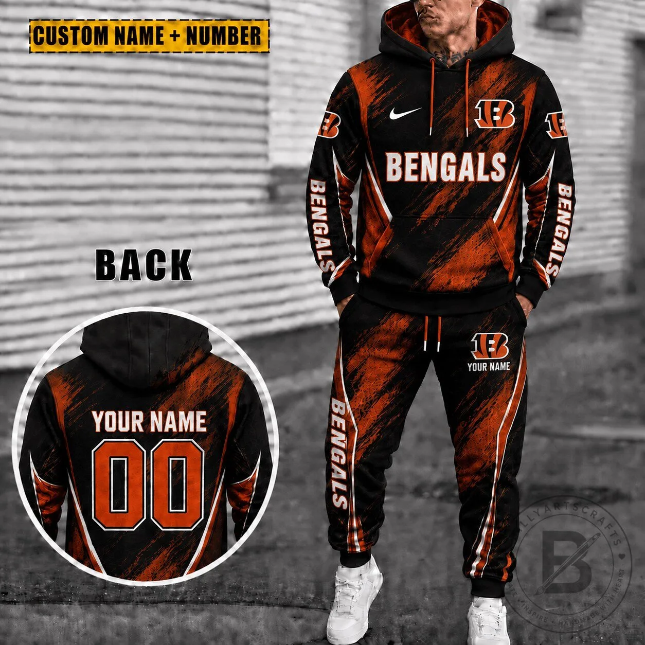 Cincinnati Bengals Personalized Black And Orange Grunge Hoodie And Sweatpants Set