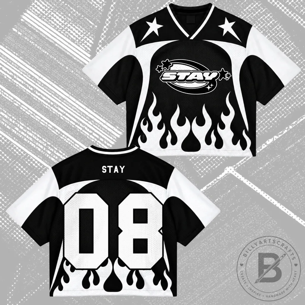Stray Kids STAY Kpop Fan Group Black White Flame Mesh Jersey Stray Kids STAY Kpop Fan Group Black White Flame Mesh Jersey
