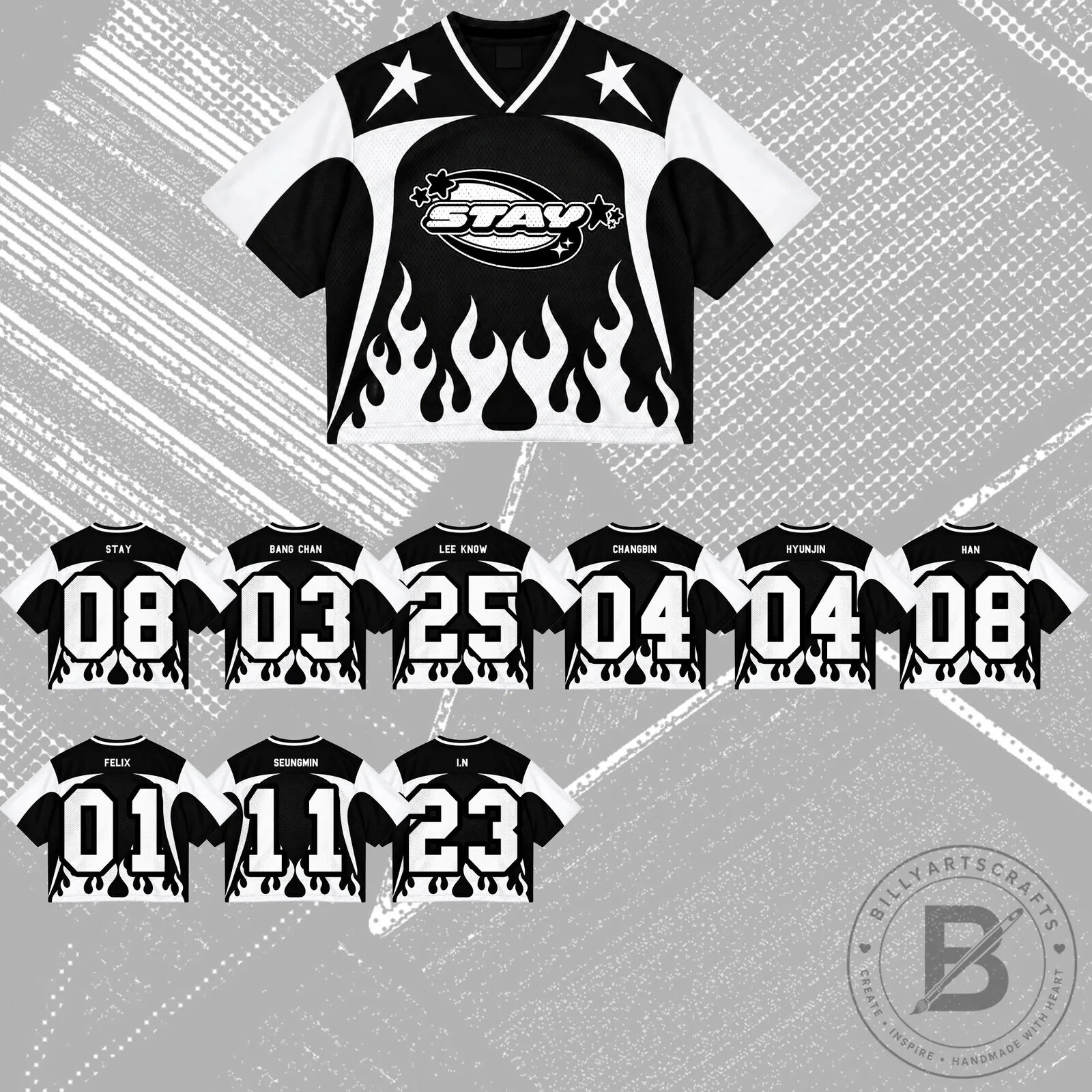 Stray Kids STAY Kpop Fan Group Black White Flame Mesh Jersey 23 Stray Kids STAY Kpop Fan Group Black White Flame Mesh Jersey