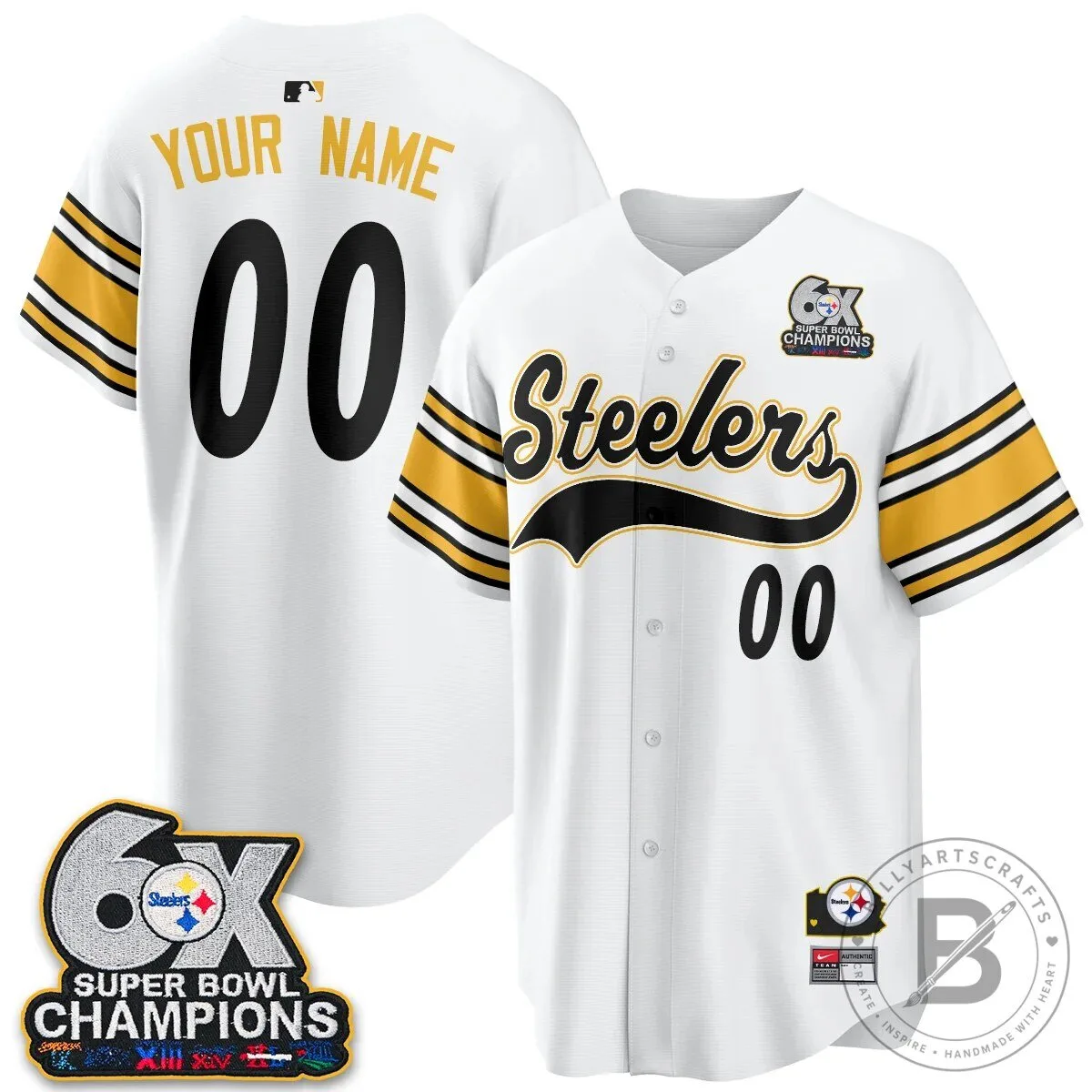 Pittsburgh Steelers Six Times Super Bowl Champions Throwback Baseball Jersey