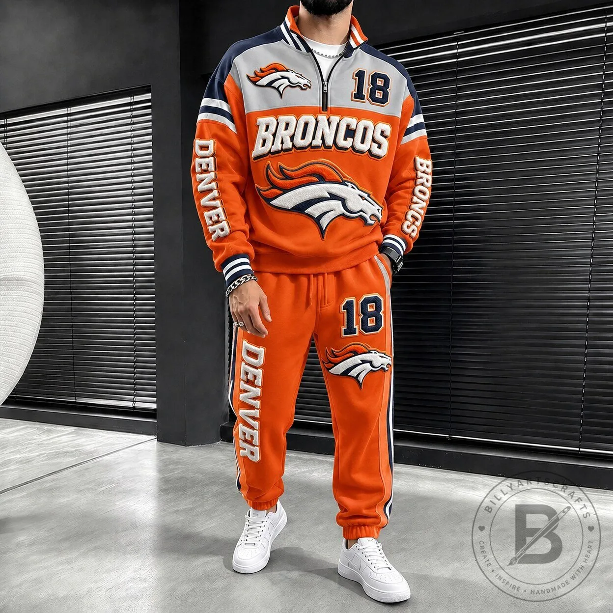 Denver Broncos Football Team Half-Zip Pullover Sweatshirt and Jogger Pants Tracksuit Set