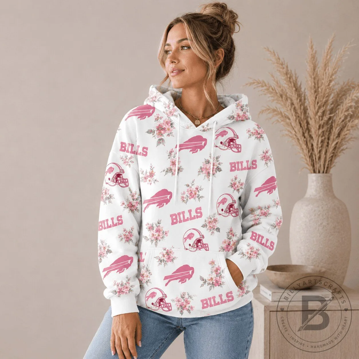 Buffalo Bills Pink Floral Team Pride All Over Print Hoodie for Women