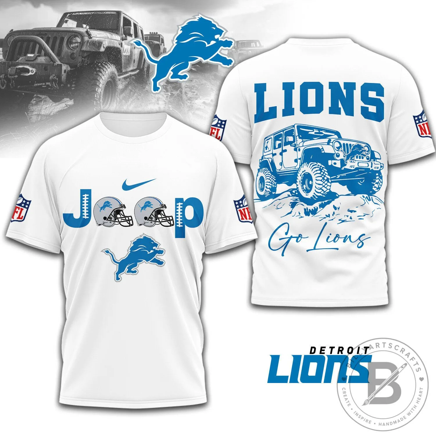 Detroit Lions National Football League Jeep Off-Road Vehicle White T-Shirt
