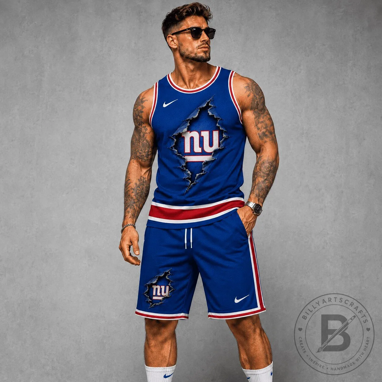 New York Giants Blue and Red Striped Tank Top and Shorts Set 2 New York Giants Blue and Red Striped Tank Top and Shorts Set