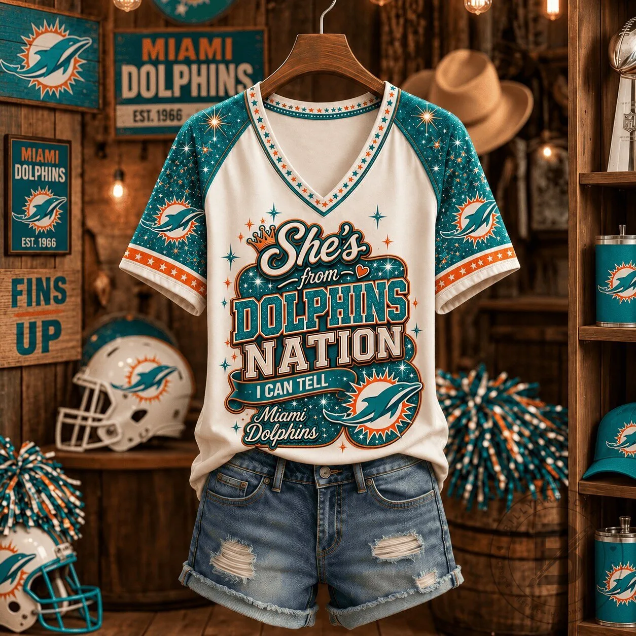 Miami Dolphins NFL Fan Gift She's From Dolphins Nation V-Neck T-Shirt