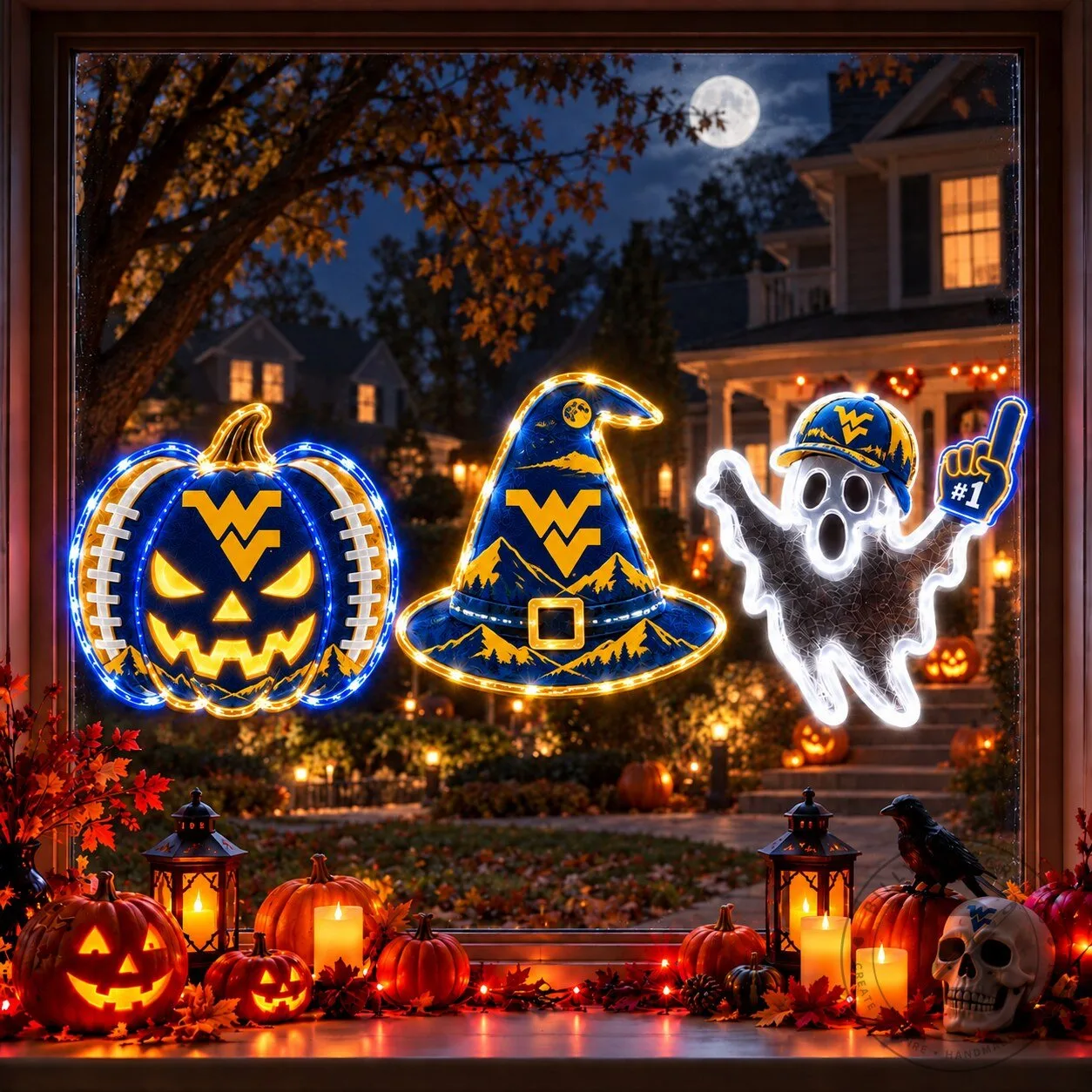 West Virginia Mountaineers Halloween Pumpkin Witch Hat Ghost Window Lights
