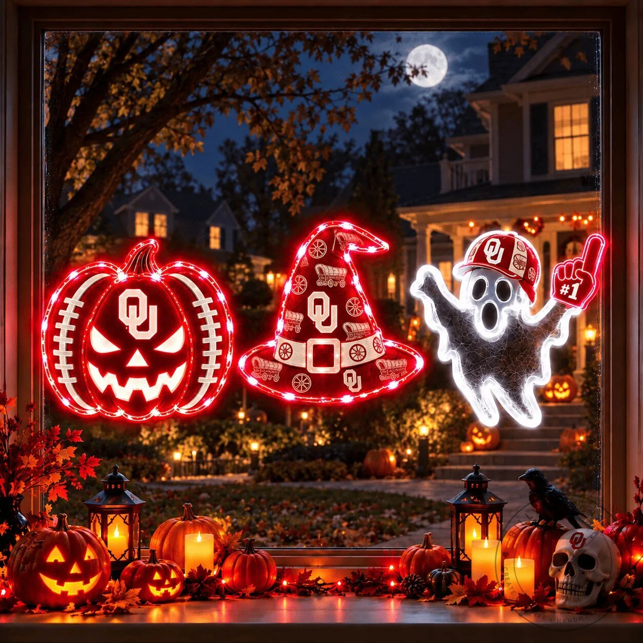 Oklahoma Sooners Halloween Pumpkin Witch Hat Ghost Window Lights