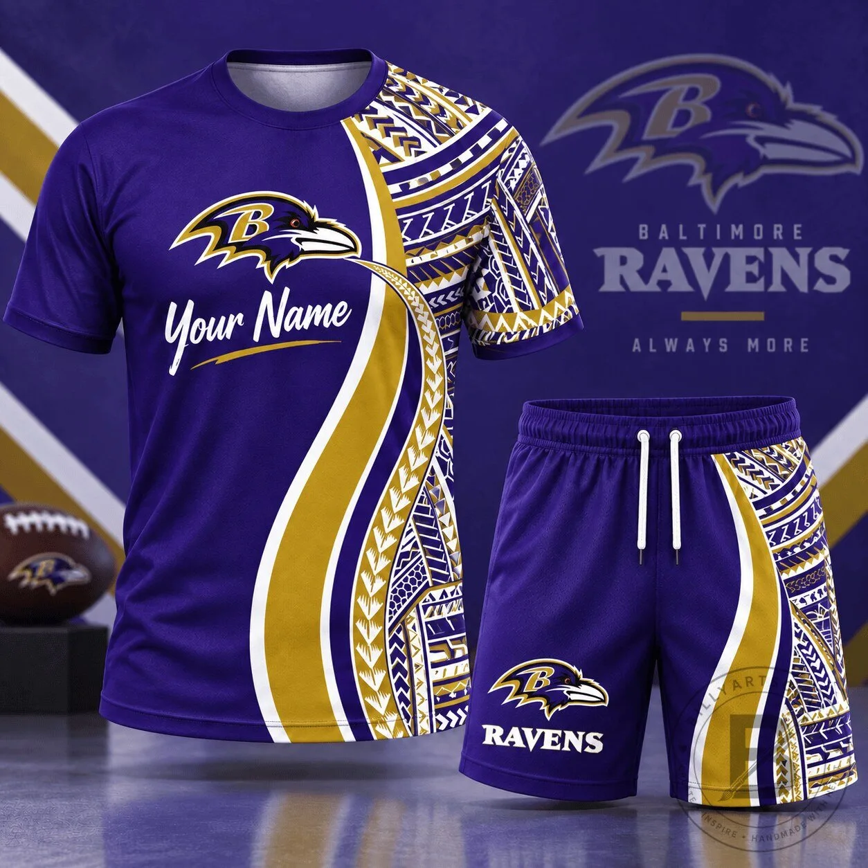 Baltimore Ravens NFL Football Custom Name Tribal Graphic T-Shirt and Shorts Set