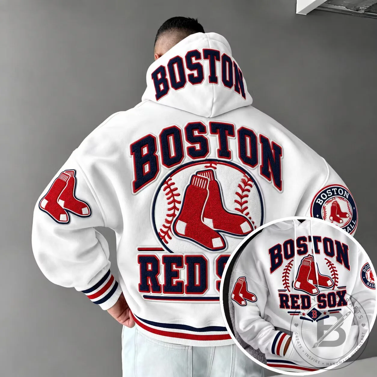Boston Red Sox Embroidered Baseball Team Logo White Oversized Hoodie