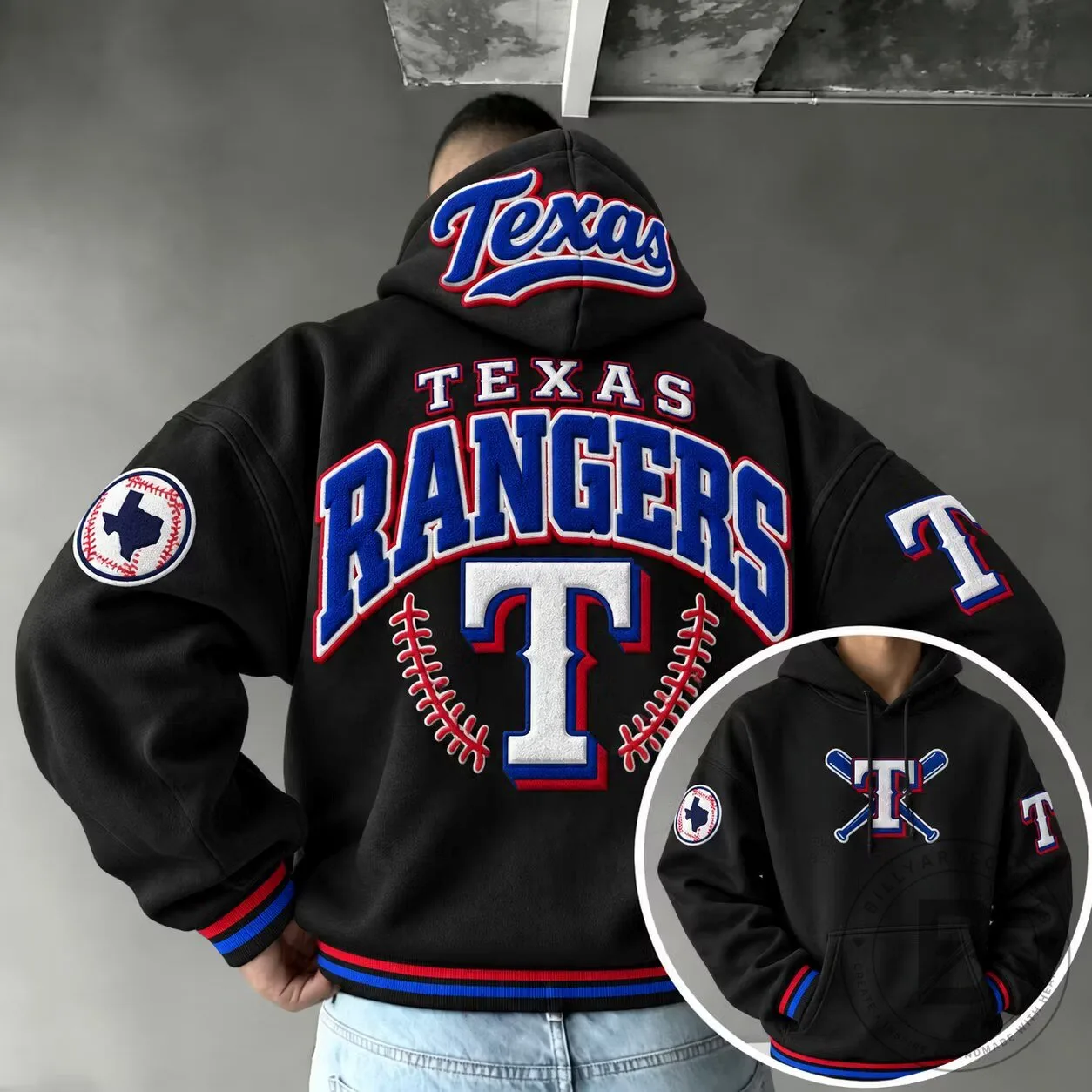 Texas Rangers Baseball Team Logo Embroidered Black Hoodie