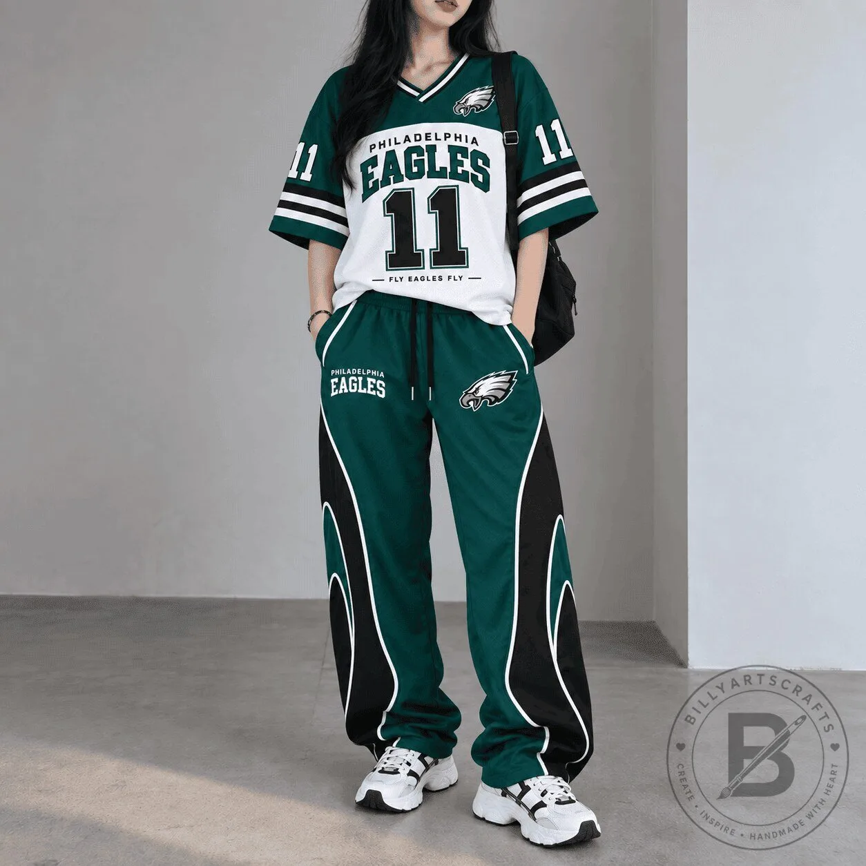 Philadelphia Eagles Football Team Green and White Fan Jersey and Pants Set