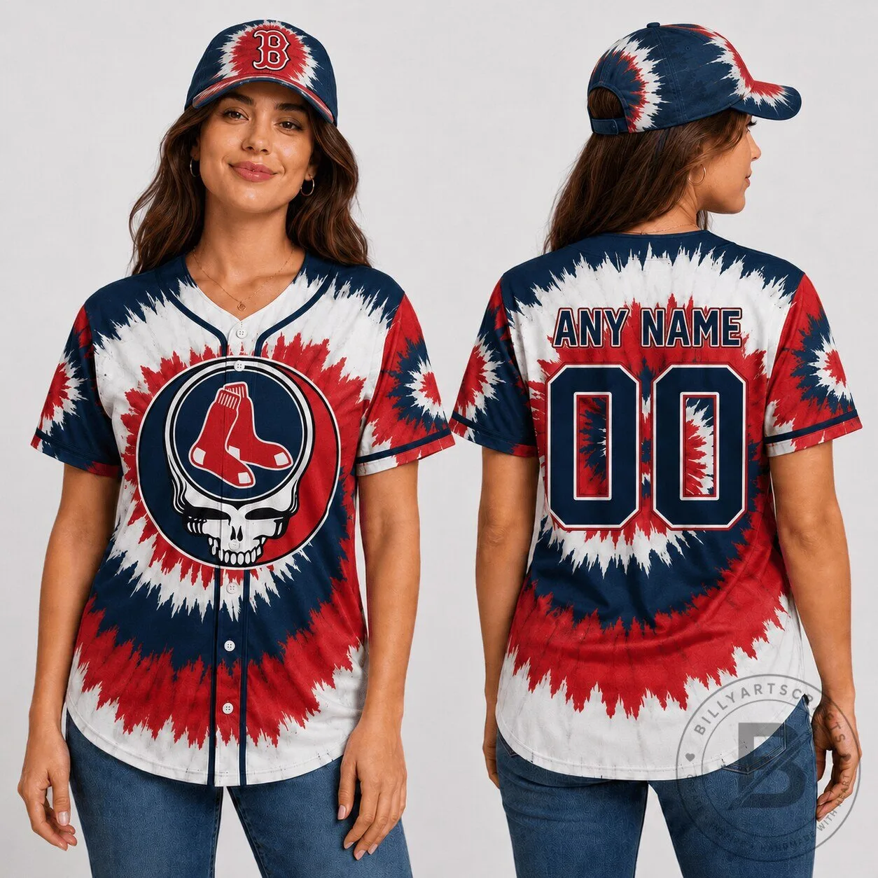 Boston Red Sox Baseball Tie-Dye Skull Custom Name and Number Baseball Jersey