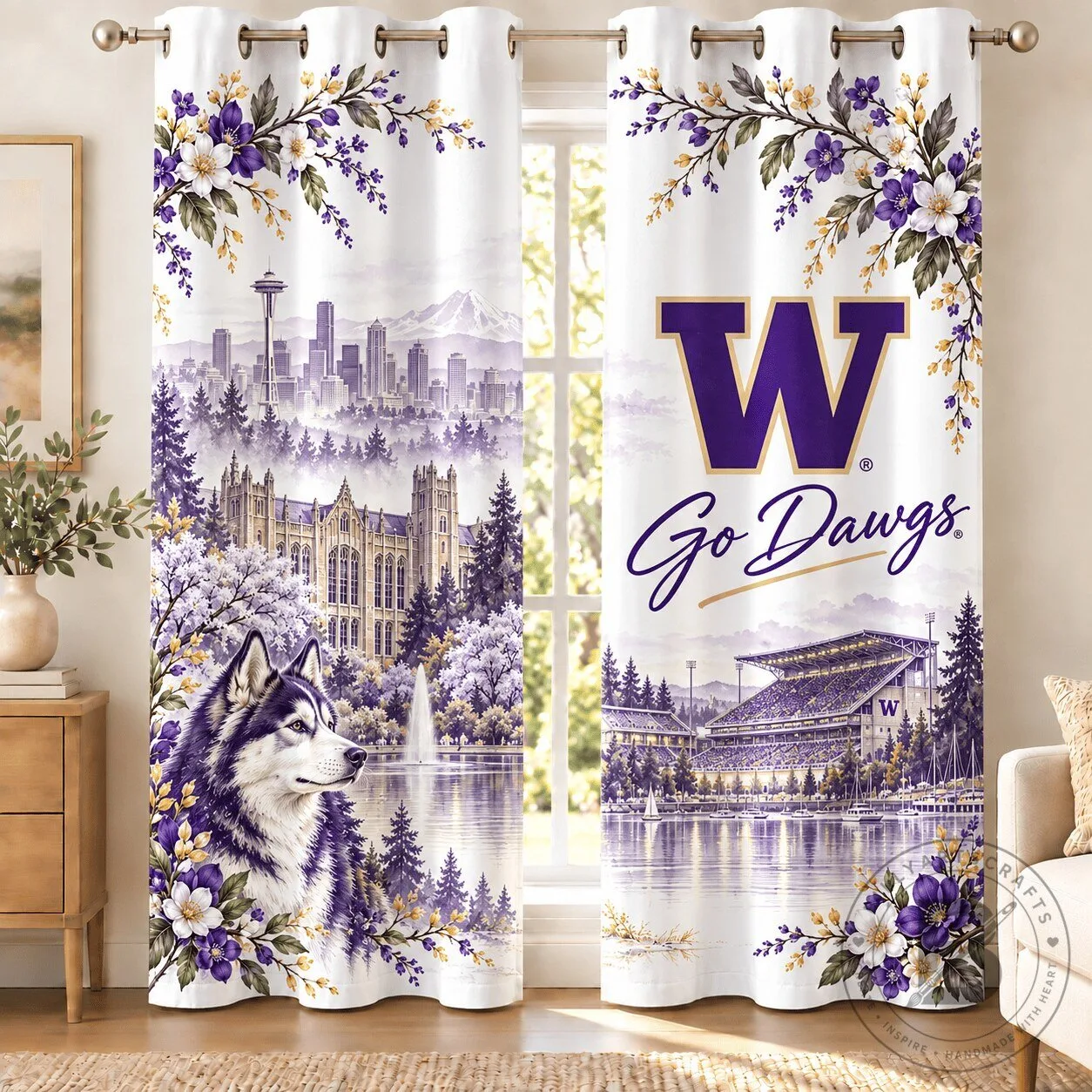 Washington Huskies College Football Team Logo and Mascot Window Curtains