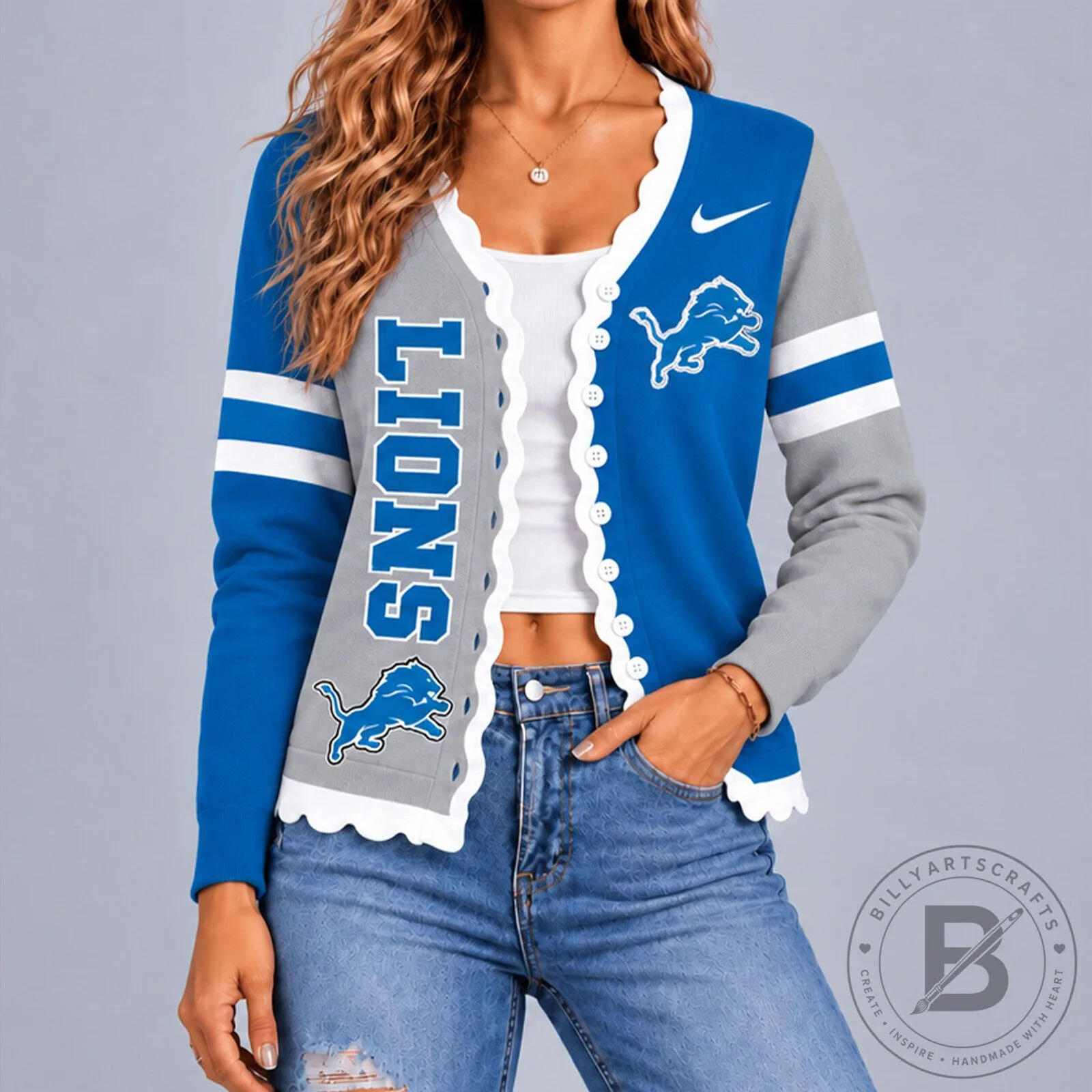 Detroit Lions Women's Blue and Gray Scalloped Cardigan Sweater