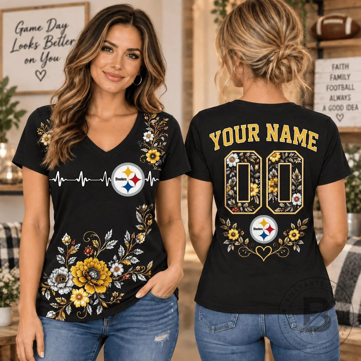 Pittsburgh Steelers 1d Fan Shirt Personalized Floral V-Neck T-Shirt
