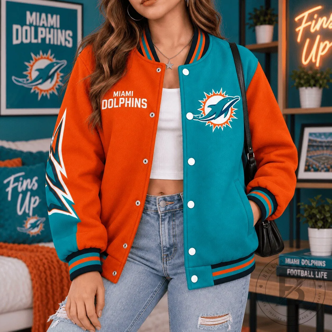 Miami Dolphins NFL Team Legacy Game Day Bomber Jacket for Women 2 Miami Dolphins NFL Team Legacy Game Day Bomber Jacket for Women