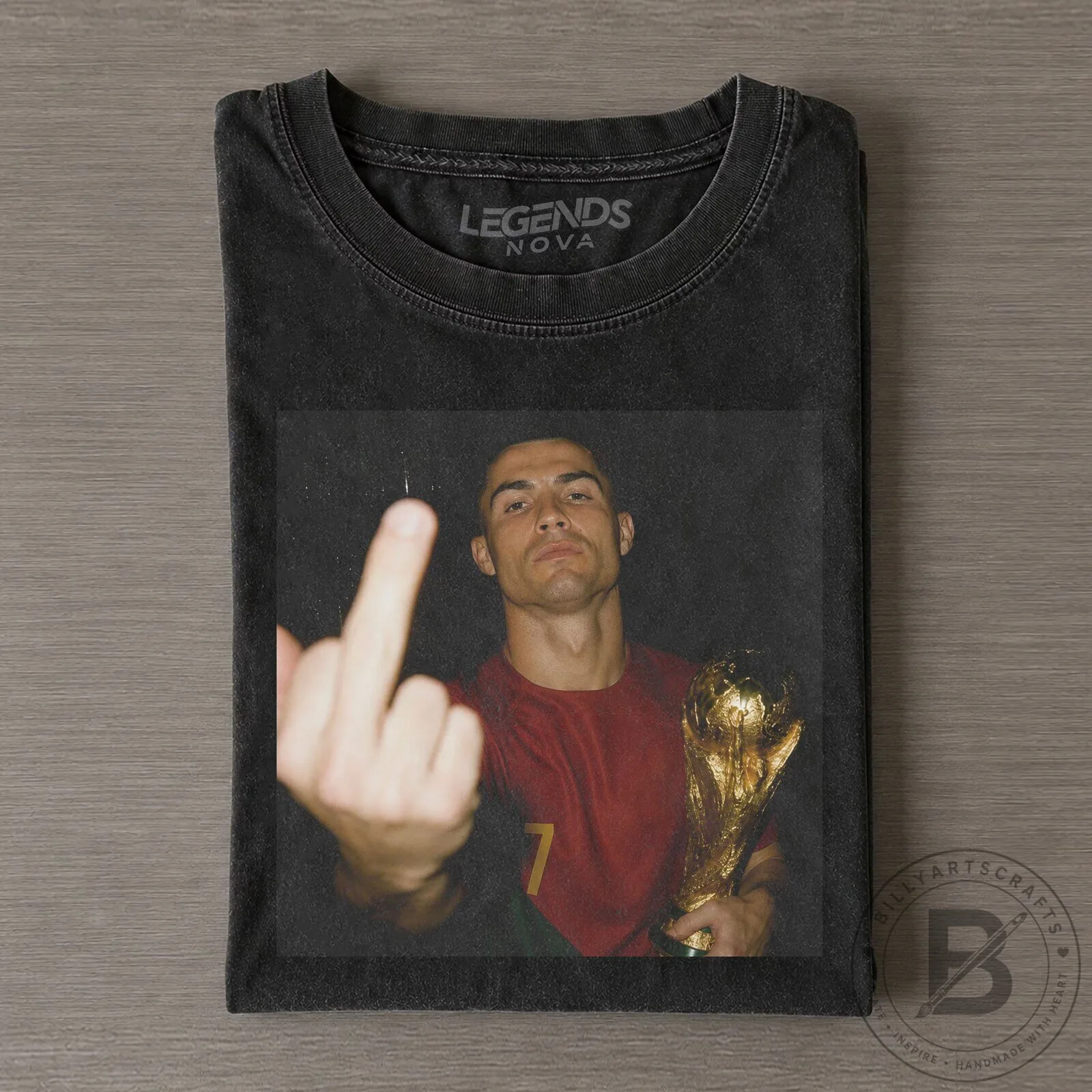 Cristiano Ronaldo Giving the Finger World Cup Trophy Black T-Shirt