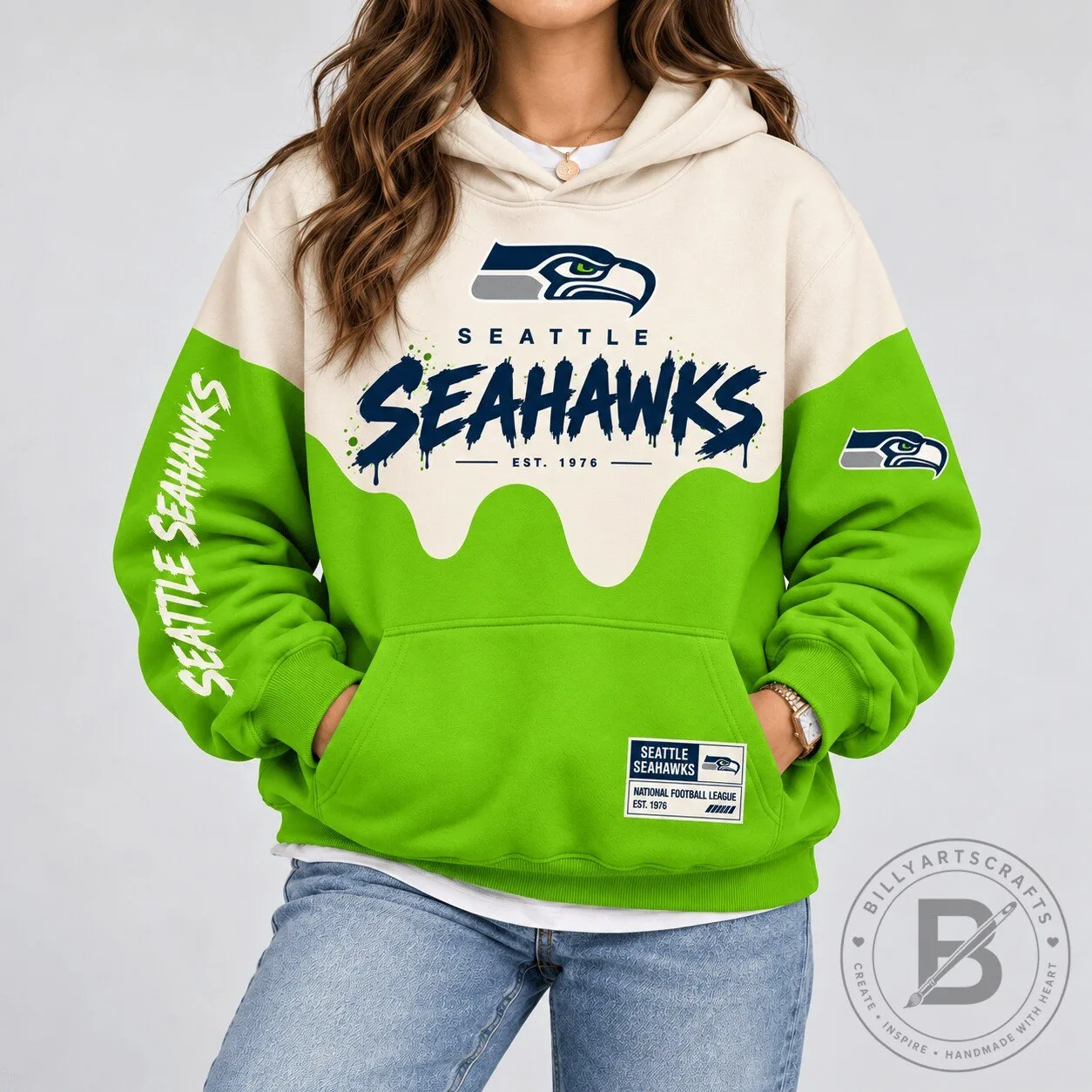 Seattle Seahawks National Football League Paint Splatter Cream Green Hoodie