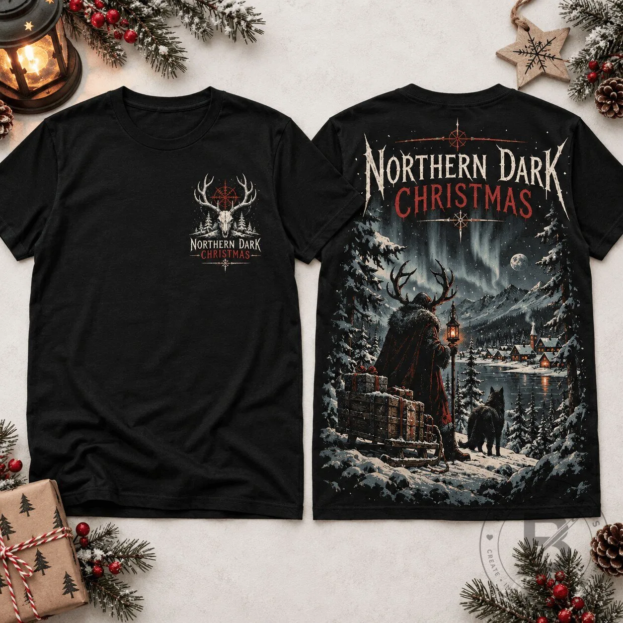 Northern Dark Christmas Winter Deer Skull Graphic Black T-Shirt