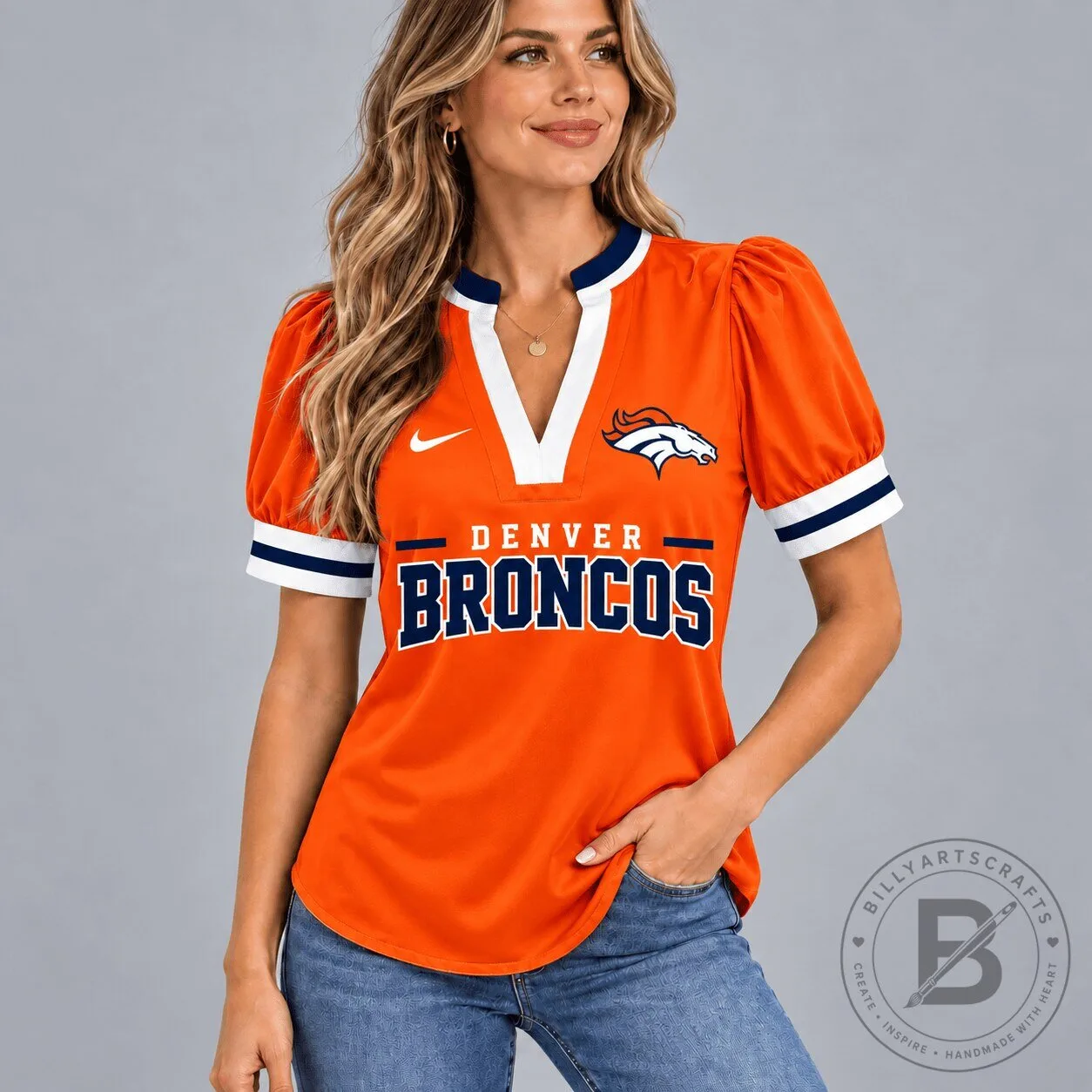 Denver Broncos Women's Puff Sleeve V-Neck T-Shirt