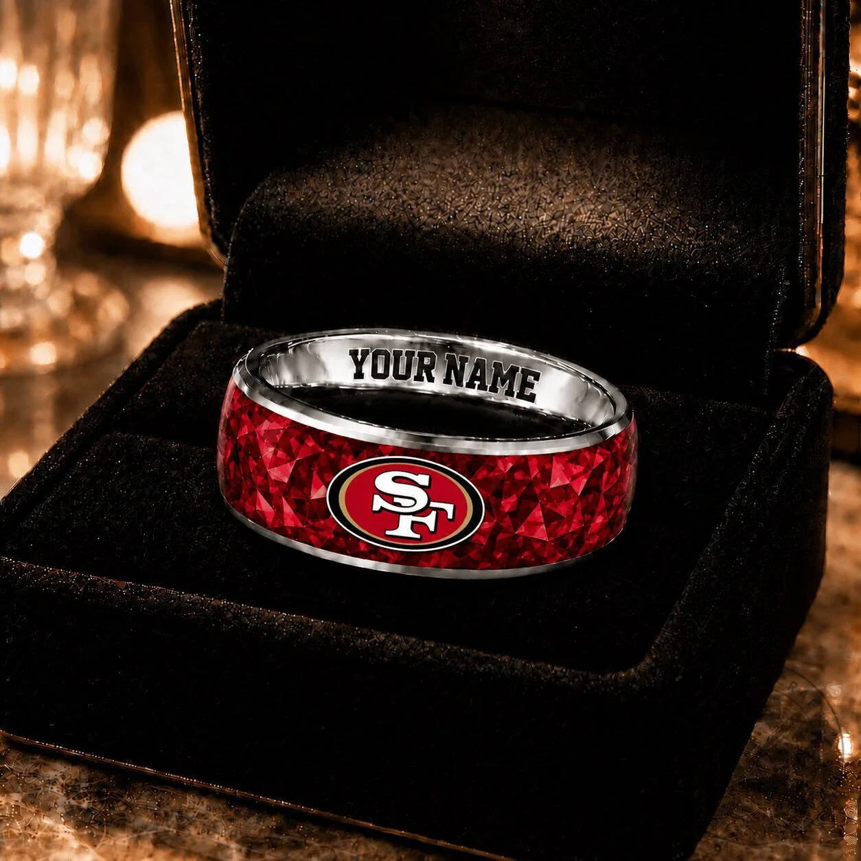 San Francisco 49ers NFL Custom Name Red Gemstone Ring for Football Fans