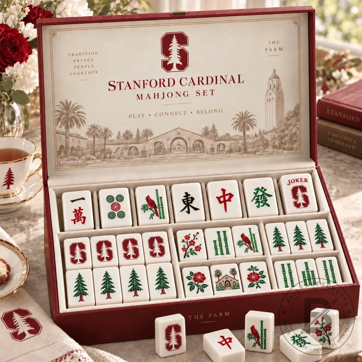 Stanford Cardinal Mahjong Set with Custom Tiles and Storage Case