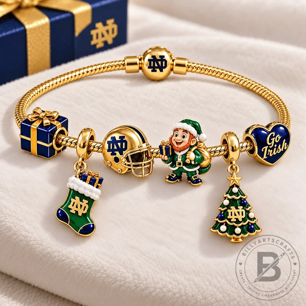 Set of Gold Charms on a Bracelet Inspired by Notre Dame Fighting Irish