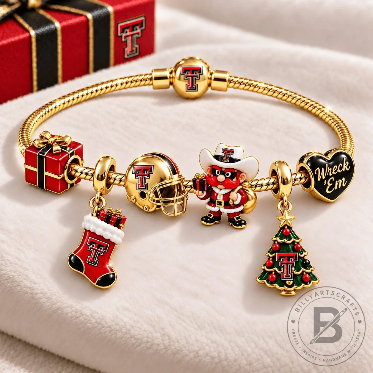 Texas Tech Red Raiders Christmas Holiday Gold Charm Bracelet Set